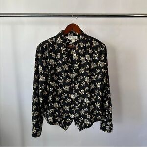 Vintage Black Floral Button-Down Blouse.